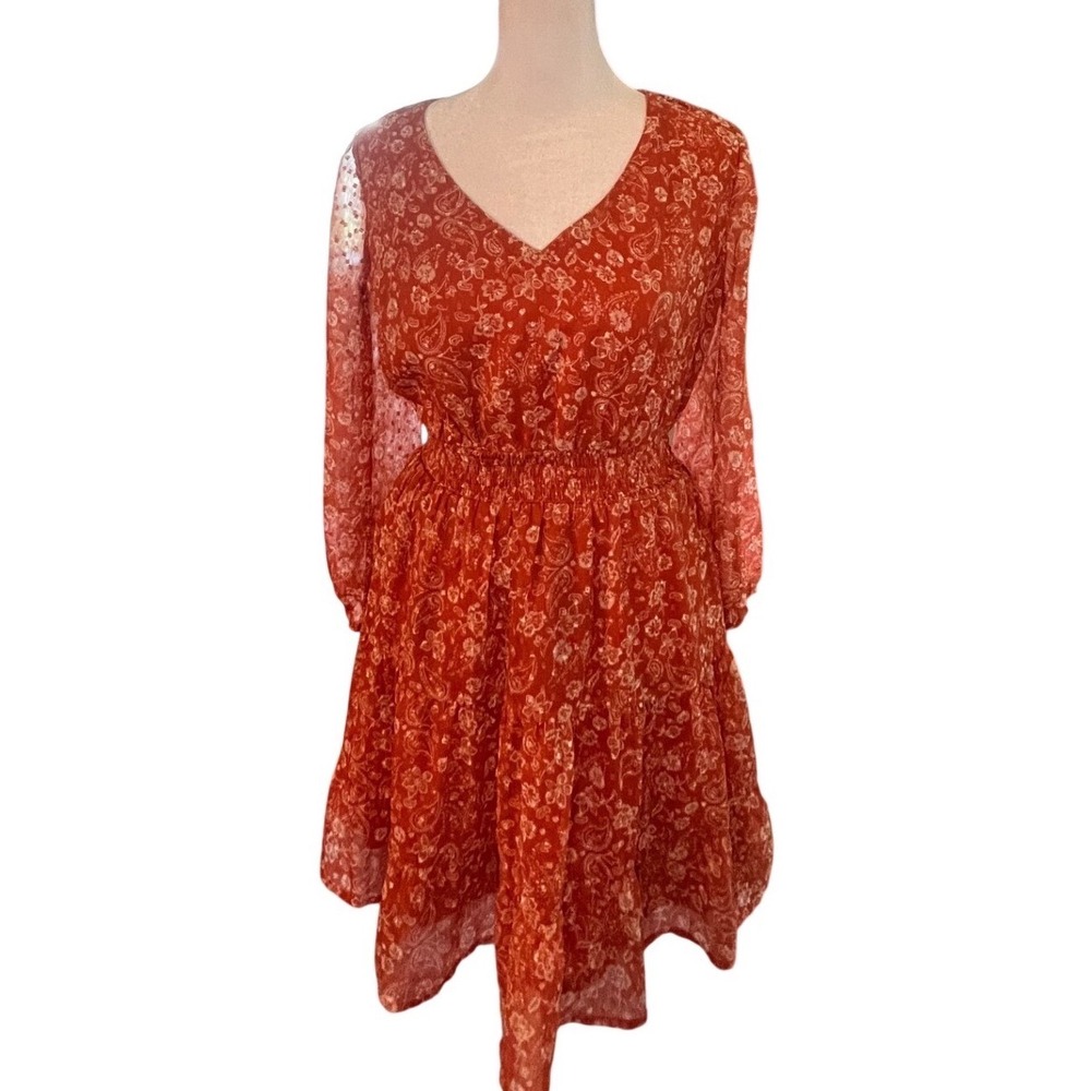Hollister Rust Orange Paisley Floral Chiffon Mini Dress Smocked Waist Small NWOT